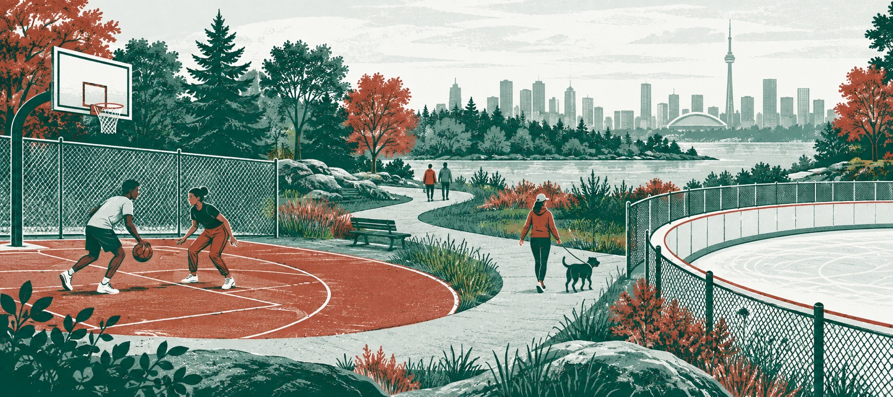 Editorial illustration of a community basketball court, public walking trail, and outdoor rink